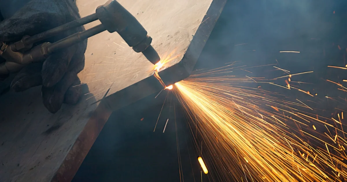 hand held flame cutting tool trimming the edge of a thick metal slab